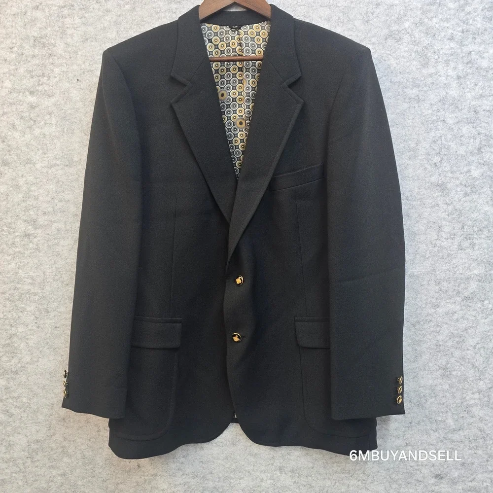 Vintage The Knack Wool Blazer Mens Black Gold Crest Buttons Union Made USA 42R